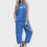 Enikő™ - Vászon ujjatlan top és nadrág szett