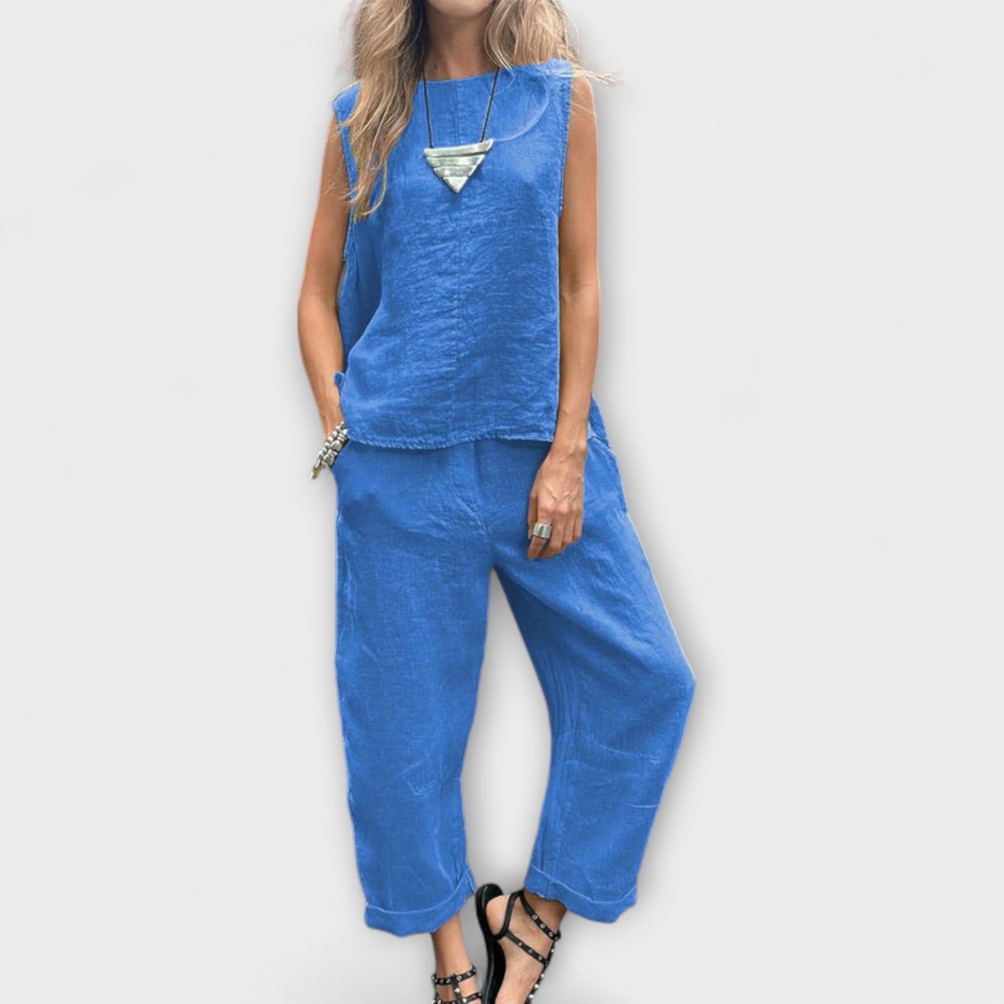 Enikő™ - Vászon ujjatlan top és nadrág szett