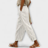 Tünde™ - Virágos applikációs lenvászon nadrág