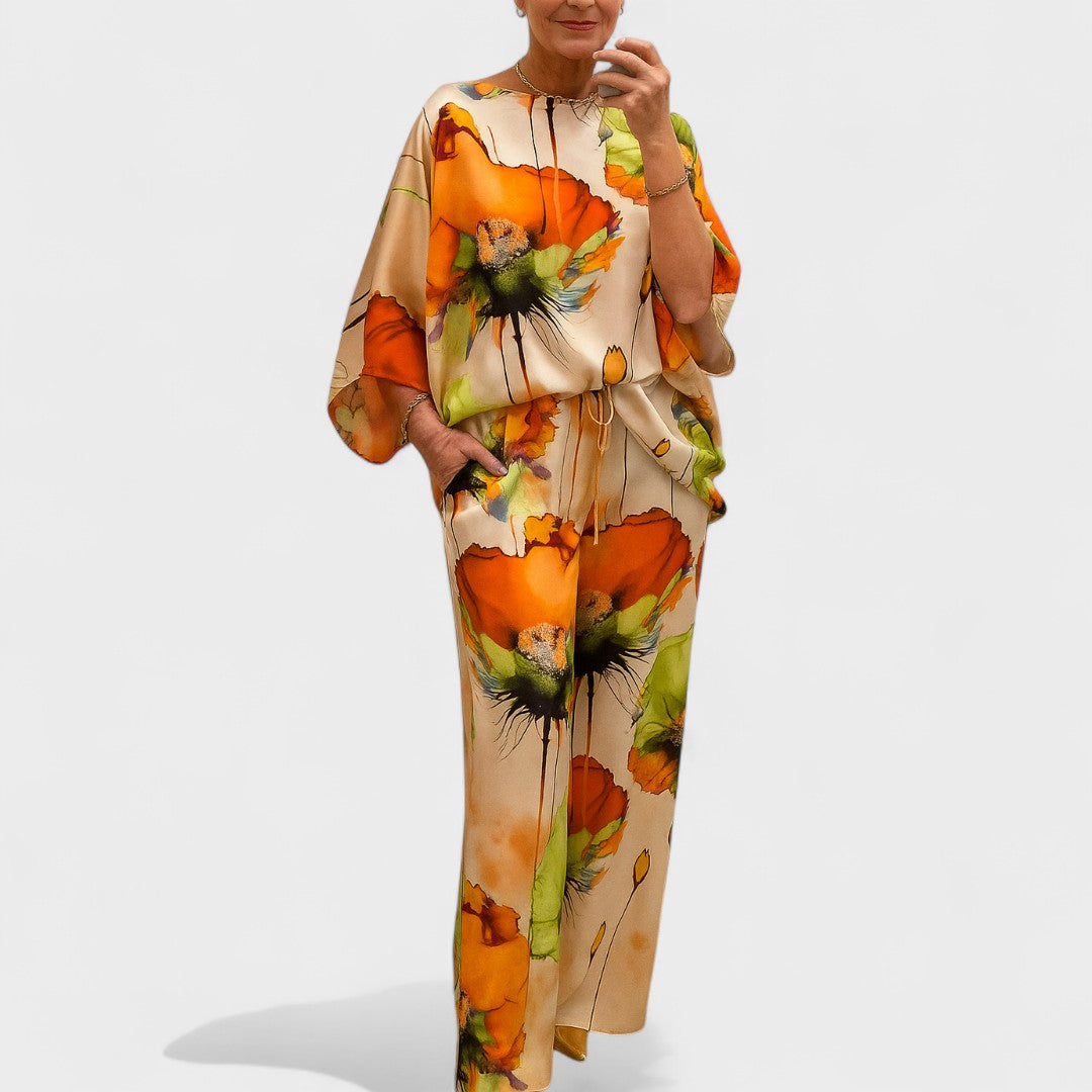 Magdolna™ - Absztrakt mintás kimono blúz és nadrág szett