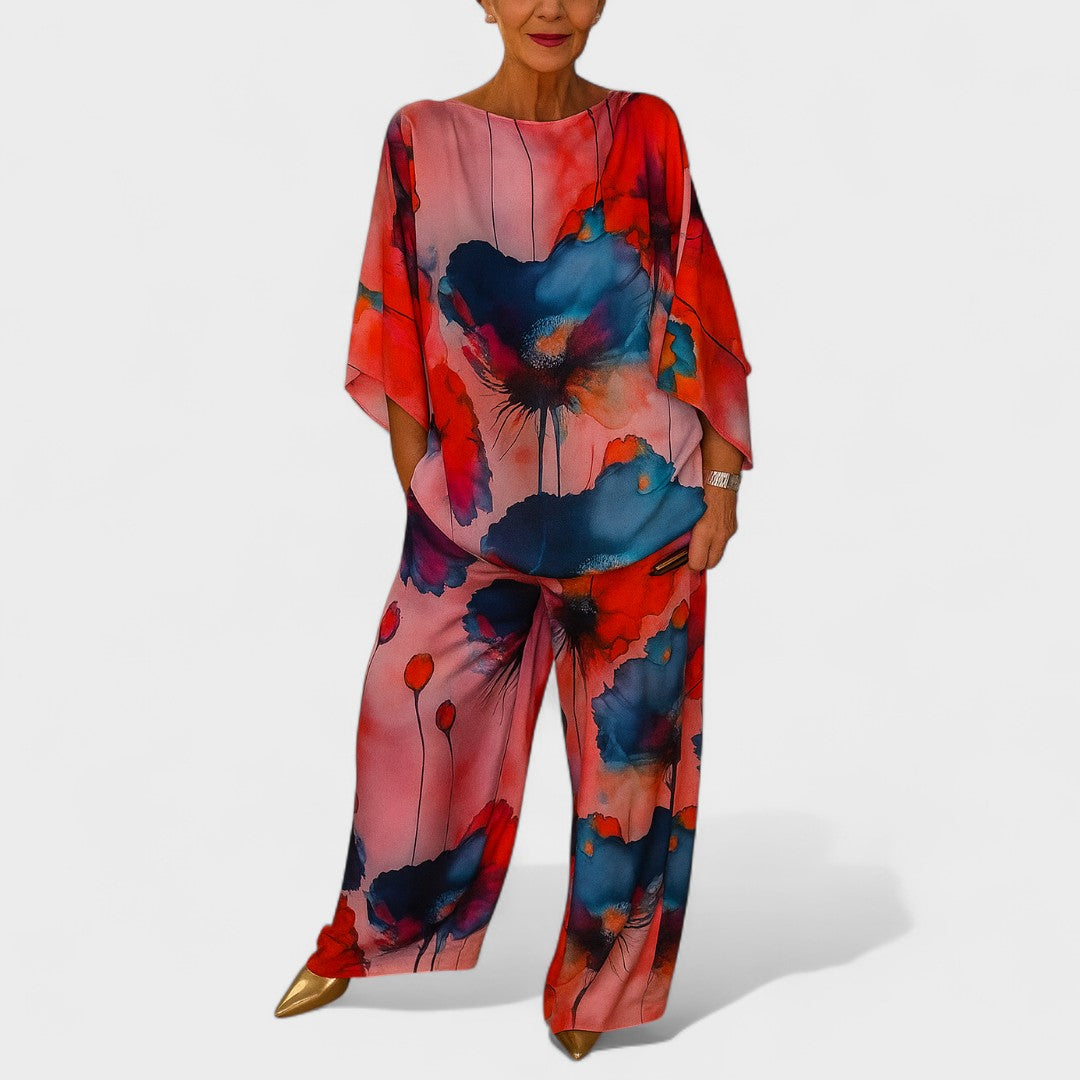 Magdolna™ - Absztrakt mintás kimono blúz és nadrág szett