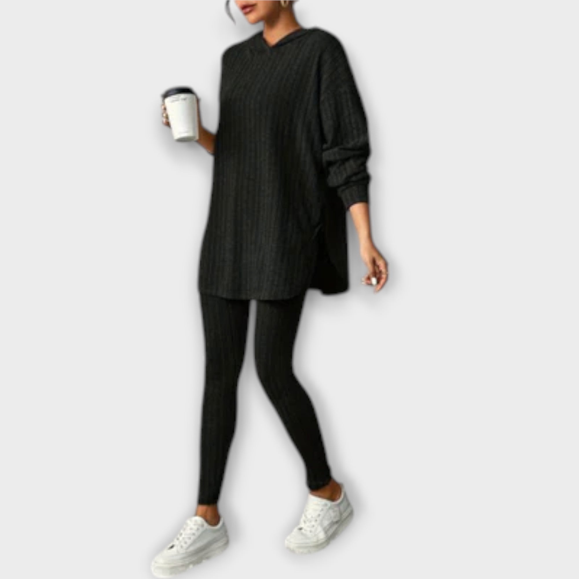 Hedvig™ - Bordázott kapucnis pulóver és leggings szett