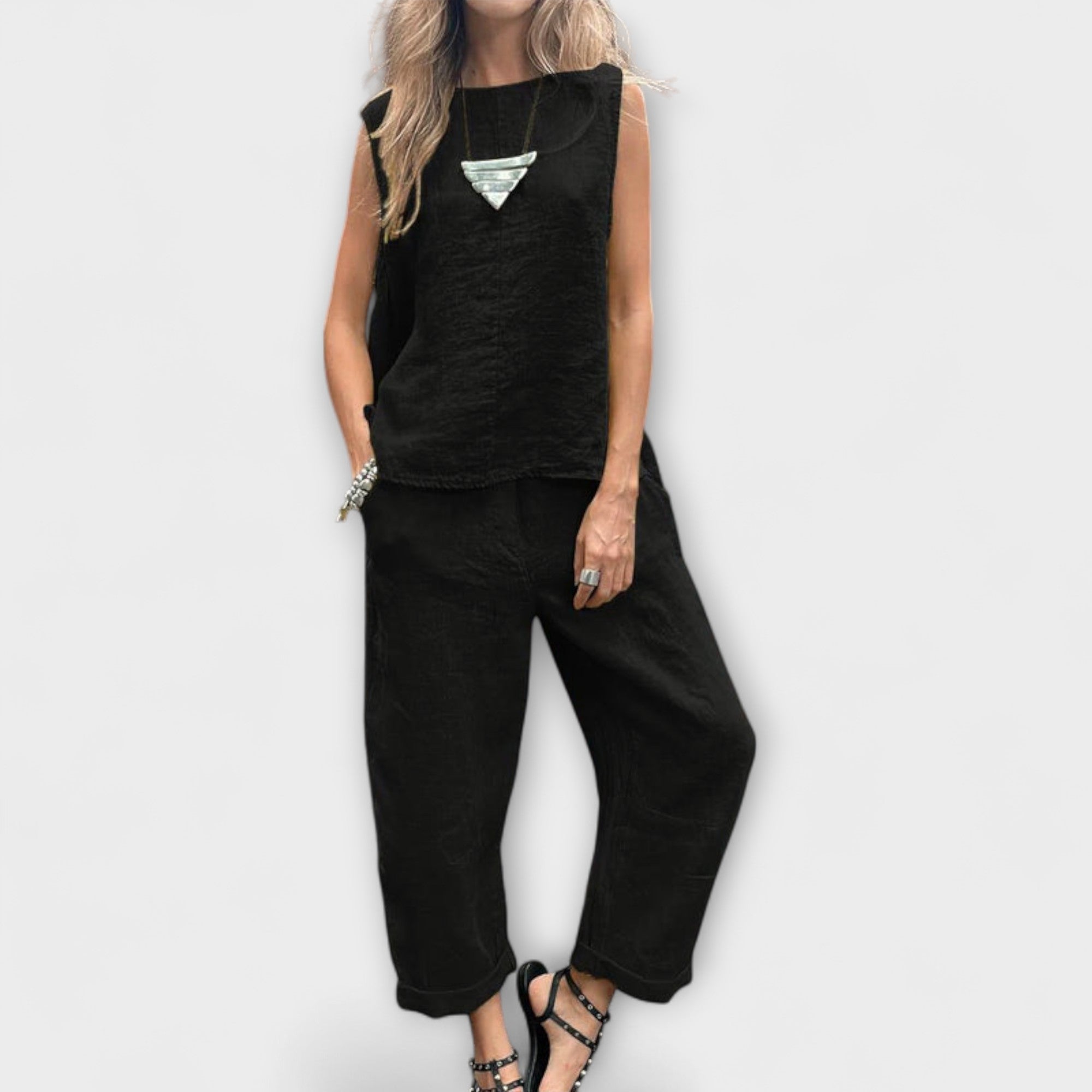 Enikő™ - Vászon ujjatlan top és nadrág szett