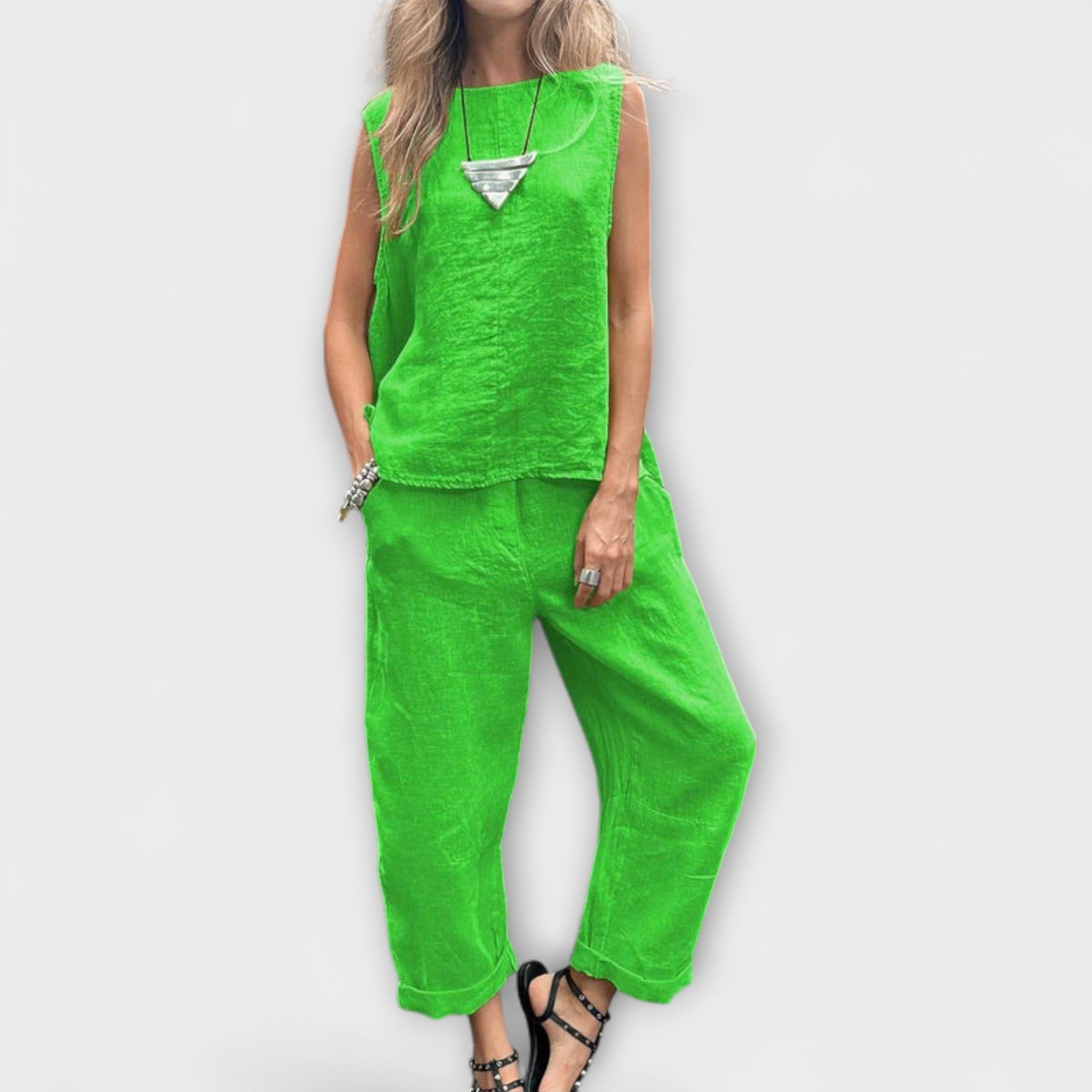 Enikő™ - Vászon ujjatlan top és nadrág szett