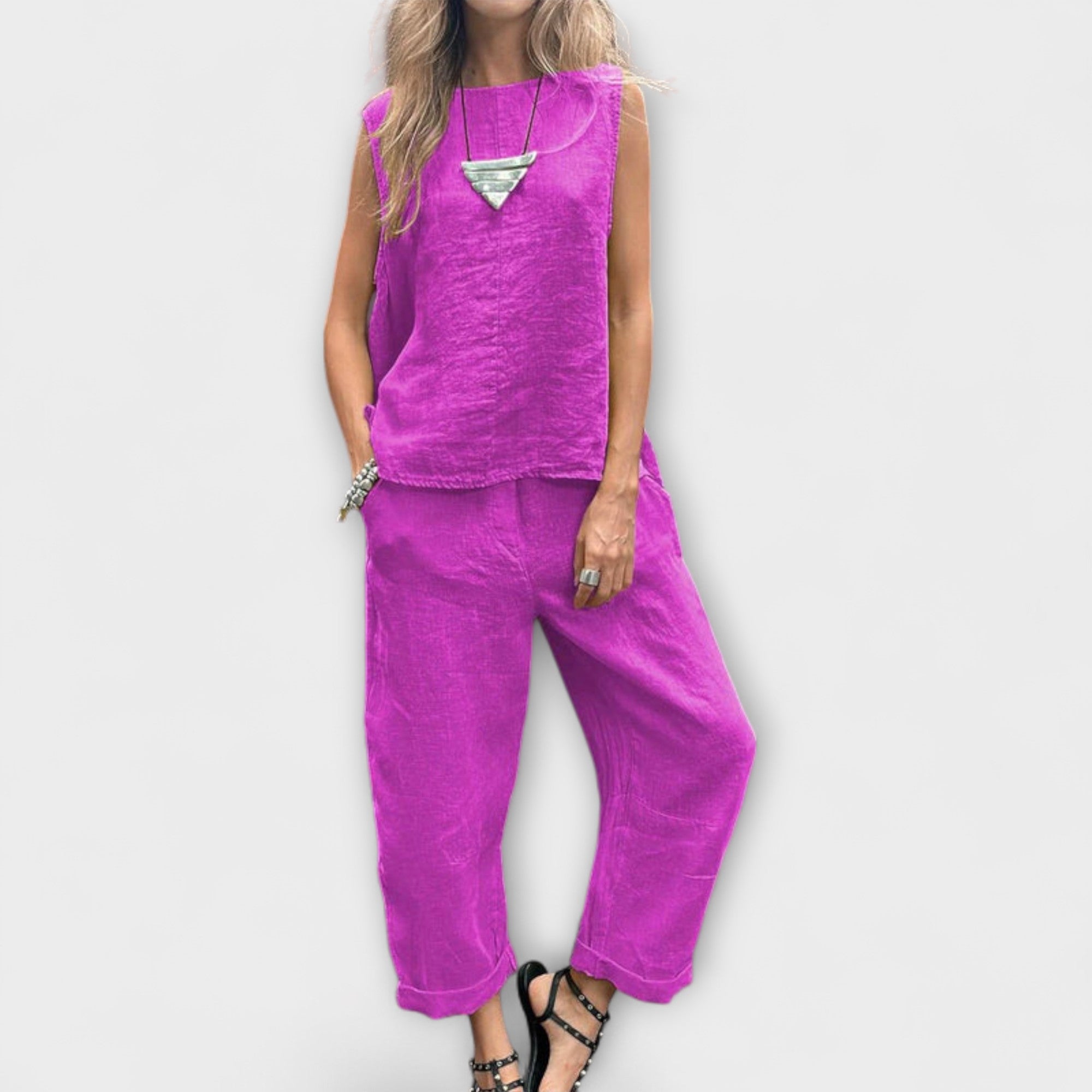 Enikő™ - Vászon ujjatlan top és nadrág szett