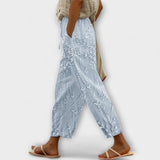 Tünde™ - Virágos applikációs lenvászon nadrág