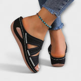 Enikő™ - Áttört bőr ék sarkú papucs keresztpánttal