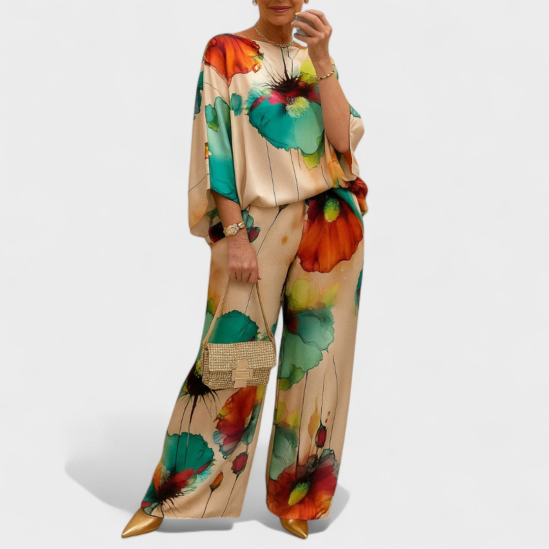 Magdolna™ - Absztrakt mintás kimono blúz és nadrág szett