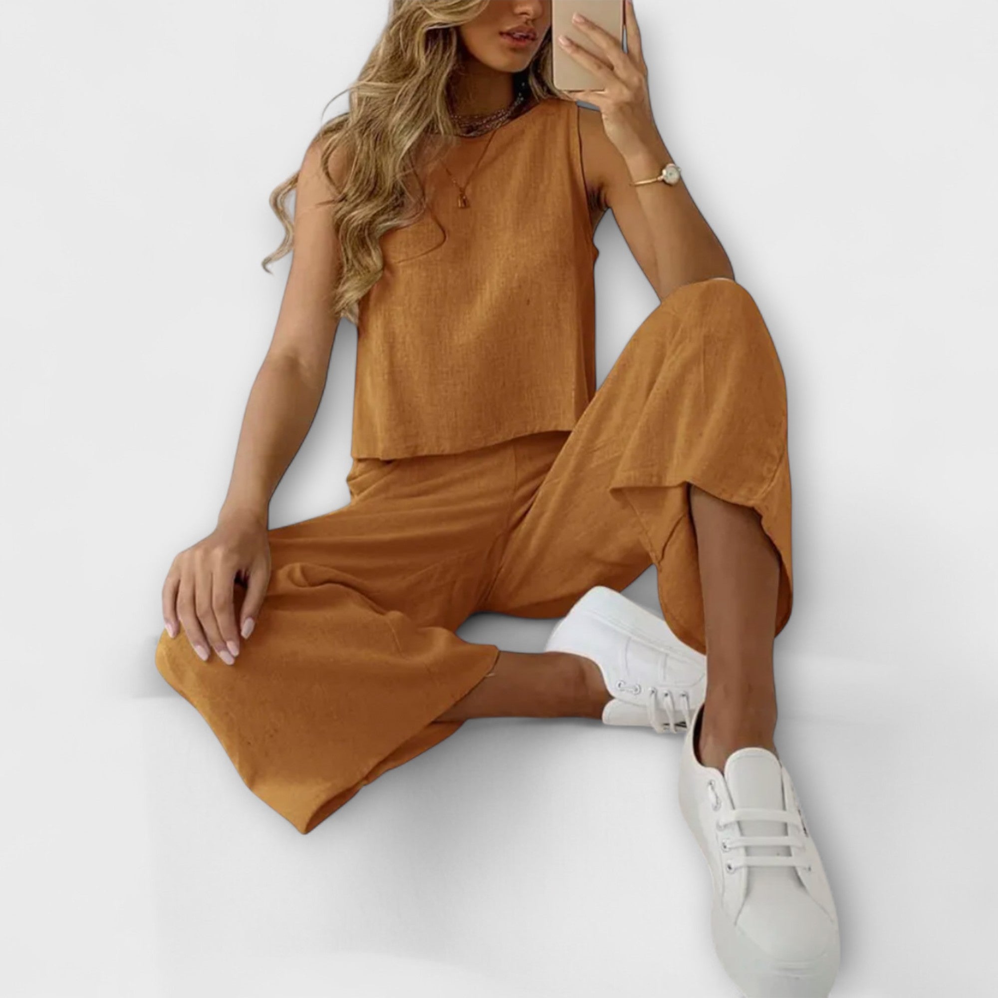 Renáta™ - Ujjatlan Top és Szélesszárú Nadrág Szett