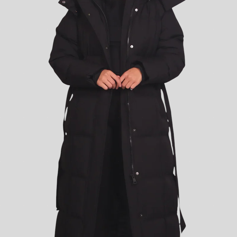 Barna™ - Hosszú steppelt télikabát övvel