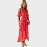 Virág™ - Virágmintás midi ruha puffos ujjakkal