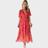 Virág™ - Virágmintás midi ruha puffos ujjakkal