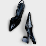 Piroska™ - Krokodilbőr mintás lakk slingback cipő blokksarokkal és hegyes orral