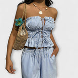 Virág™ - Csíkos fodros tube top és wide leg nadrág szett