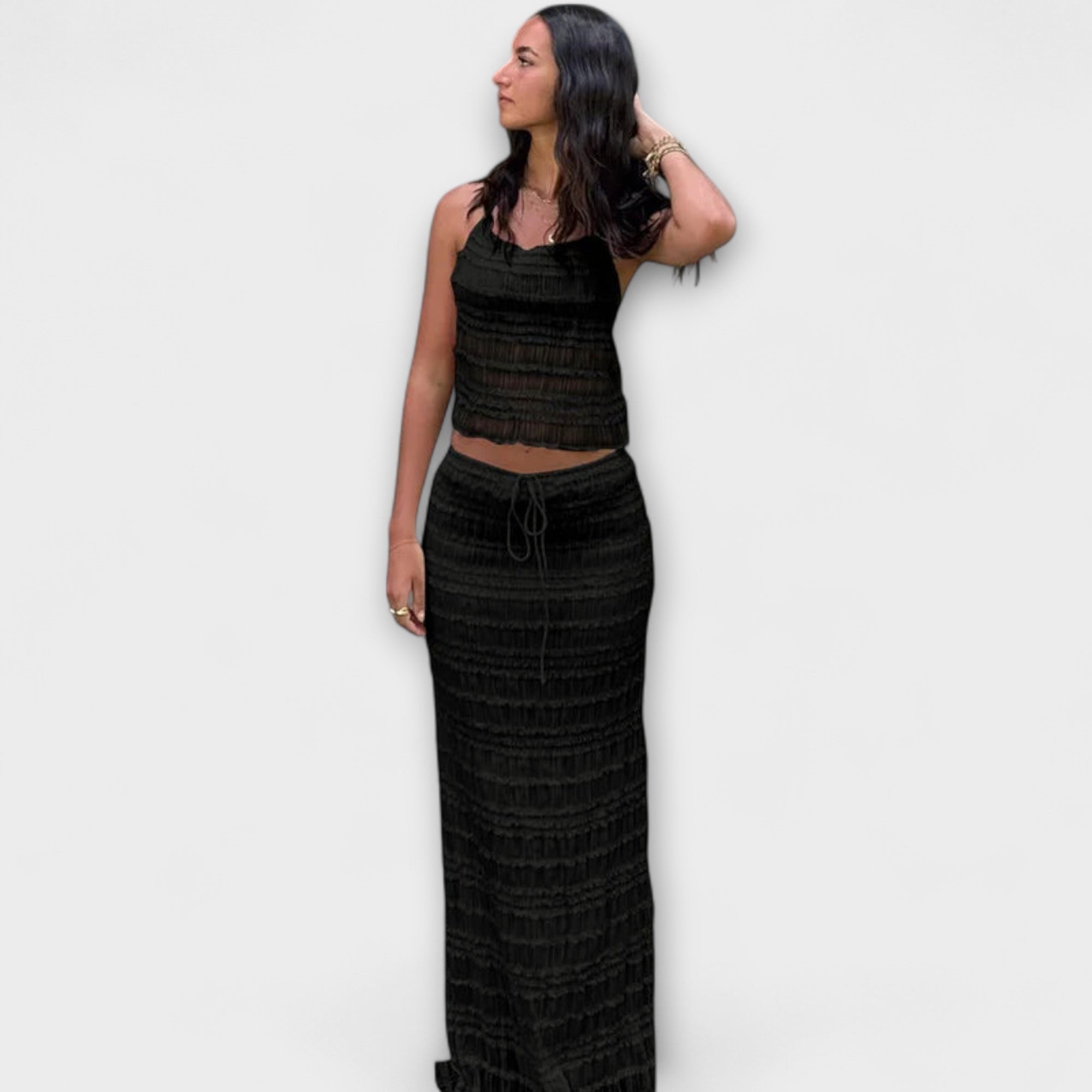 Ilona™ - Texturált halter crop top és maxi szoknya szett