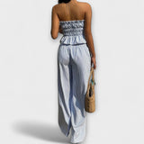 Virág™ - Csíkos fodros tube top és wide leg nadrág szett