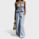 Virág™ - Csíkos fodros tube top és wide leg nadrág szett