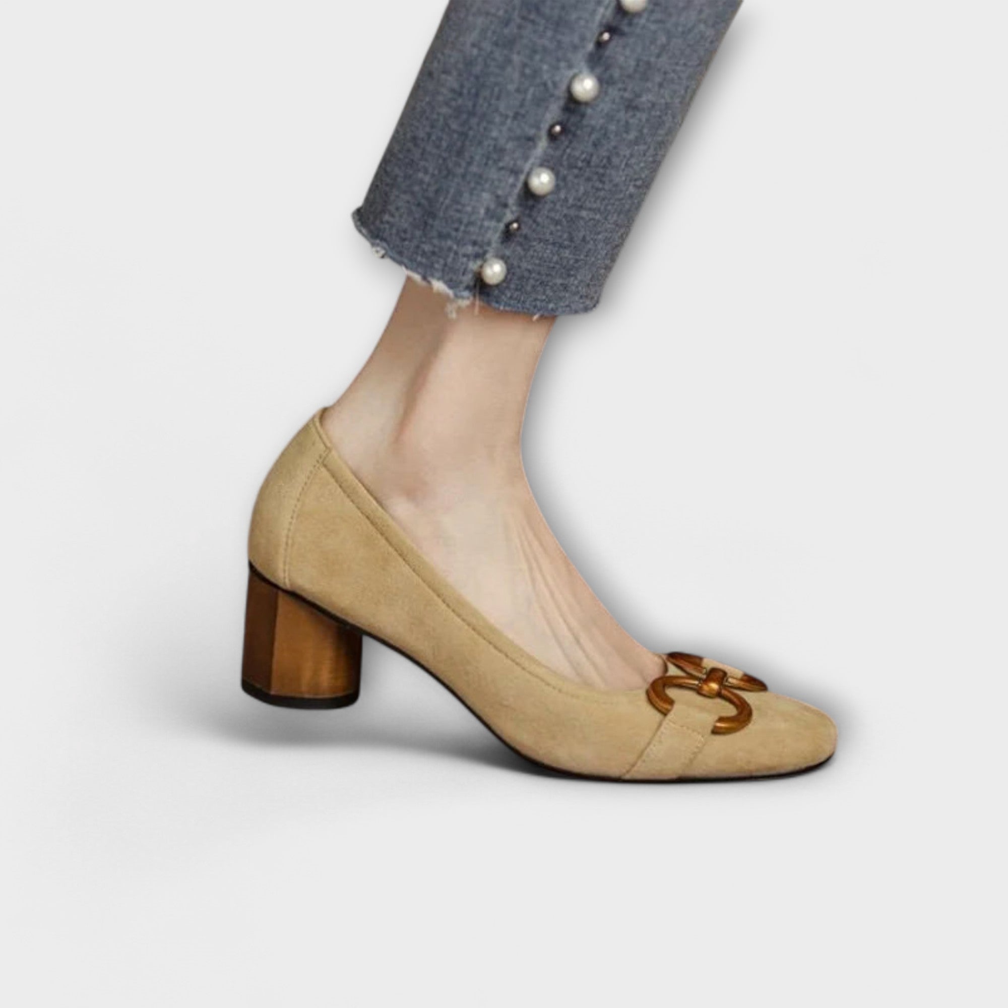 Borbála™ - Velúr lapos cipő dupla arany horsebit csattal