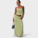 Ilona™ - Texturált halter crop top és maxi szoknya szett