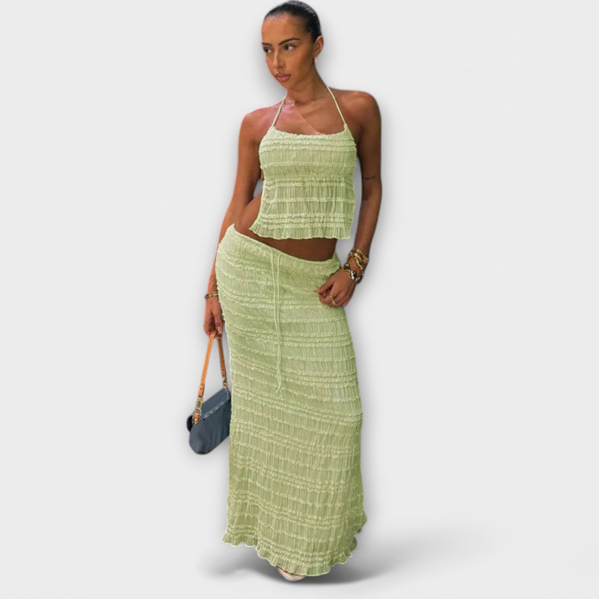 Ilona™ - Texturált halter crop top és maxi szoknya szett
