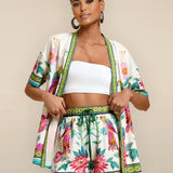 Orsolya™ - Trópusi virágmintás kimonó és rövidnadrág szett