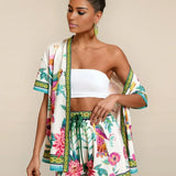 Orsolya™ - Trópusi virágmintás kimonó és rövidnadrág szett