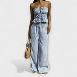 Virág™ - Csíkos fodros tube top és wide leg nadrág szett