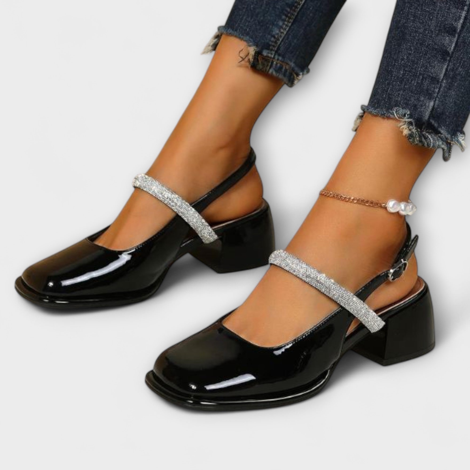 Csenge™ - Lakk Mary Jane slingback strasszos pánttal és blokksarokkal