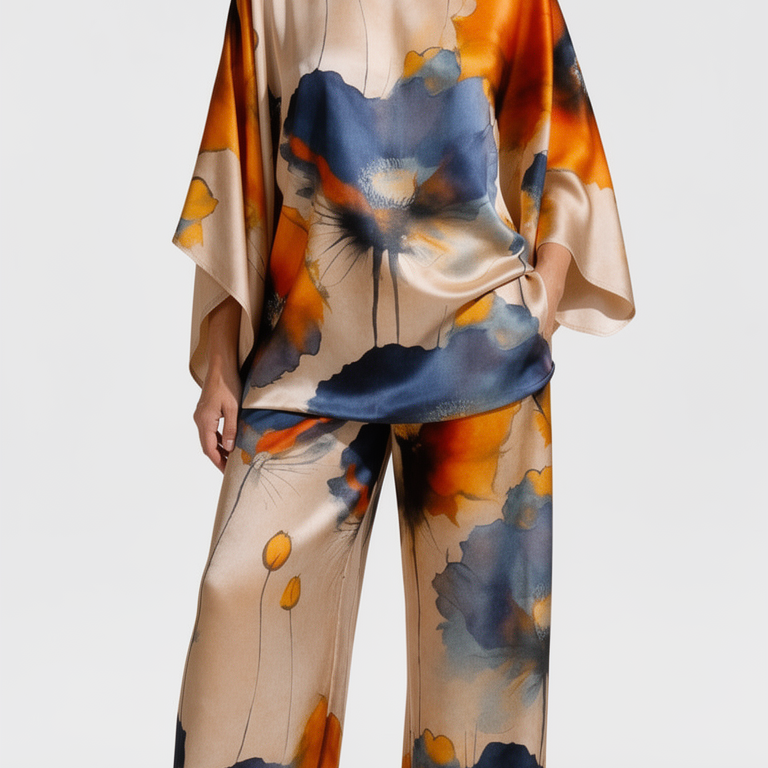 Magdolna™ - Absztrakt mintás kimono blúz és nadrág szett