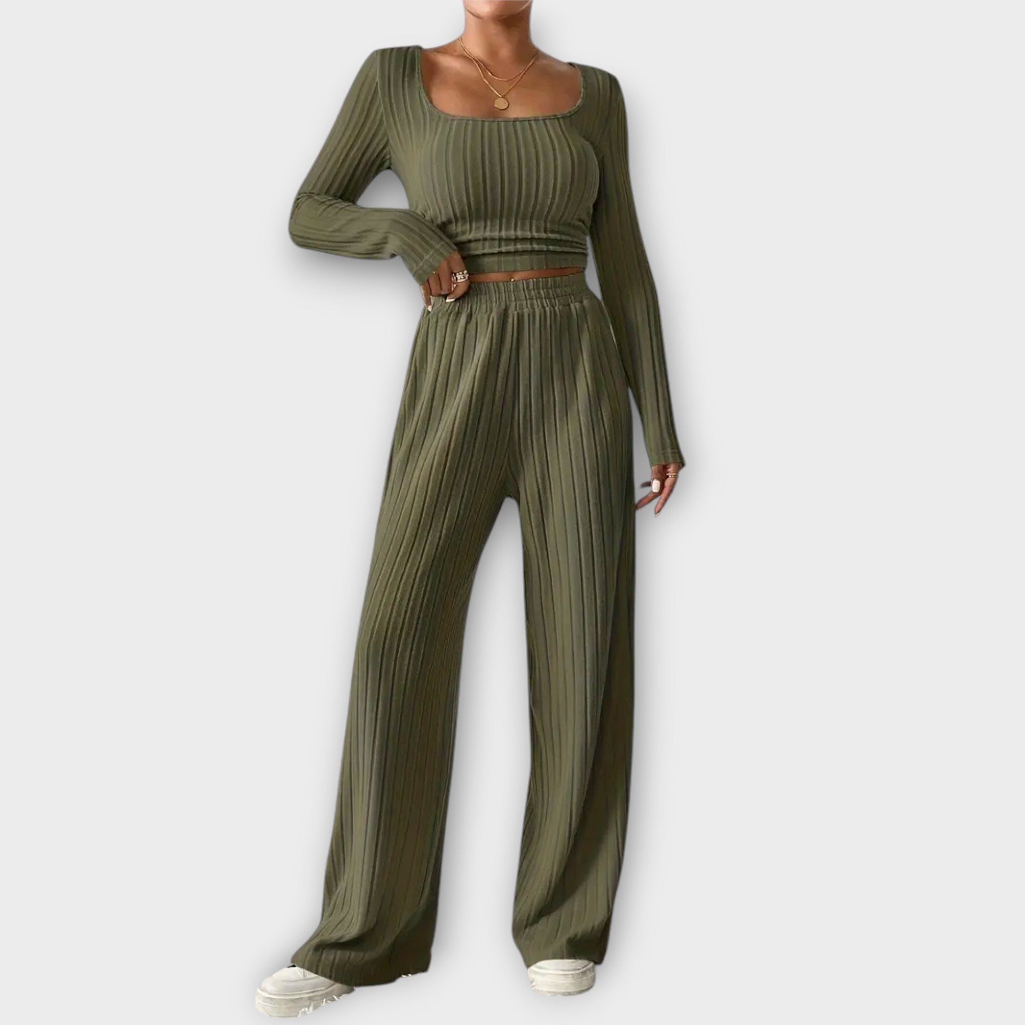 Veronika™ - Bordázott crop top és nadrág szett