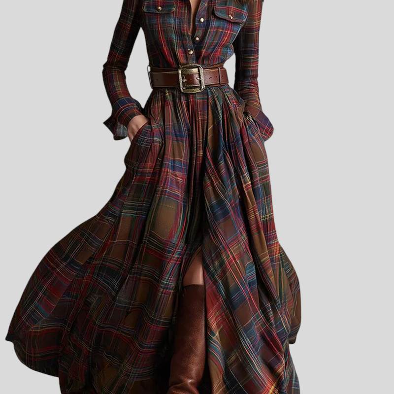 Katalin™ - Kockás ing ruha övvel