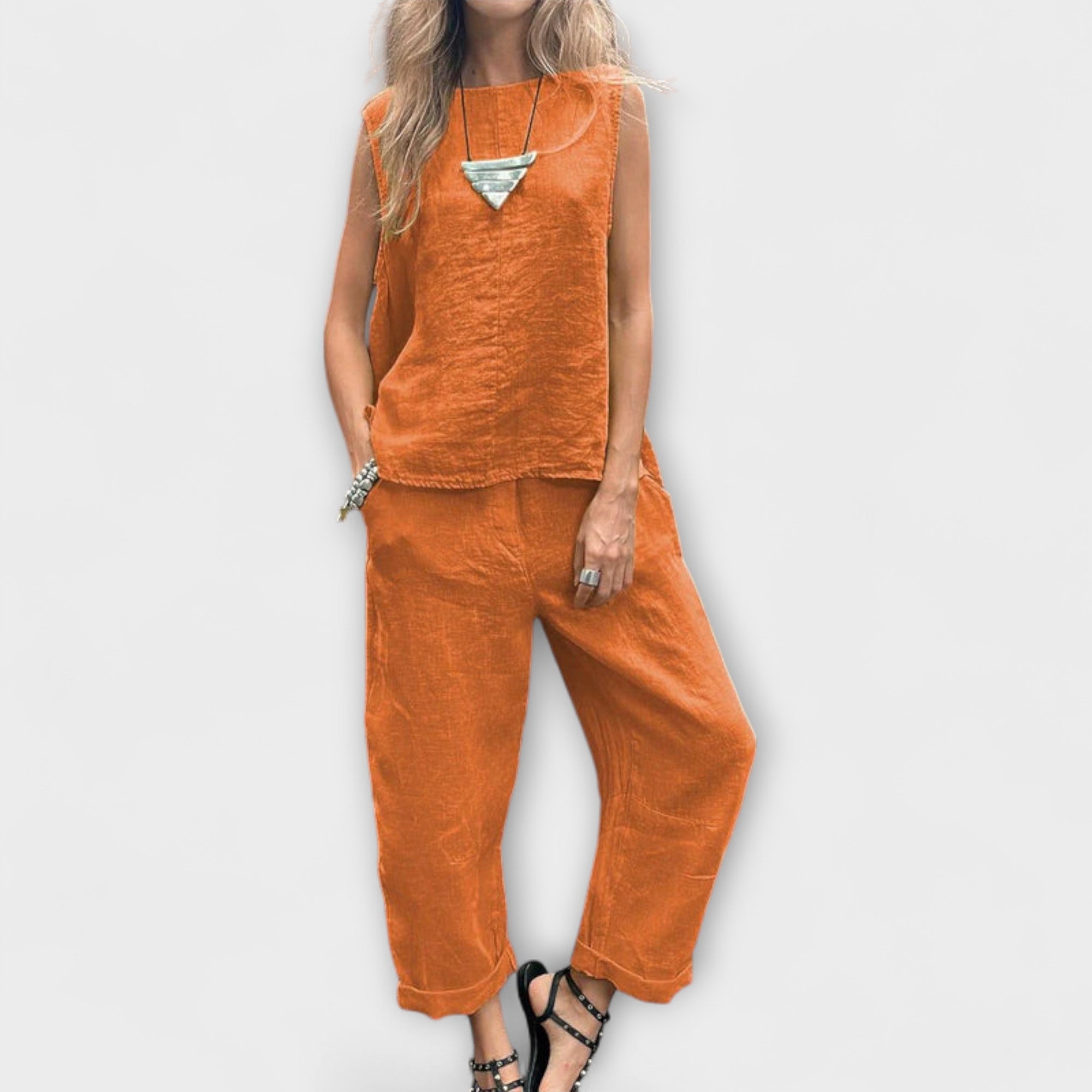 Enikő™ - Vászon ujjatlan top és nadrág szett