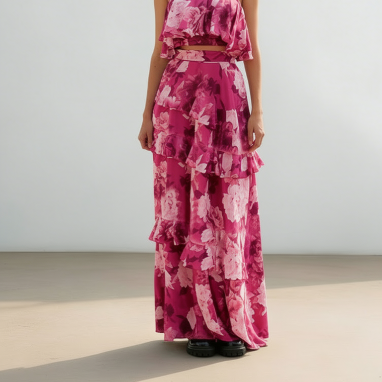 Jázmin™ - Virágmintás crop top és maxi szoknya szett