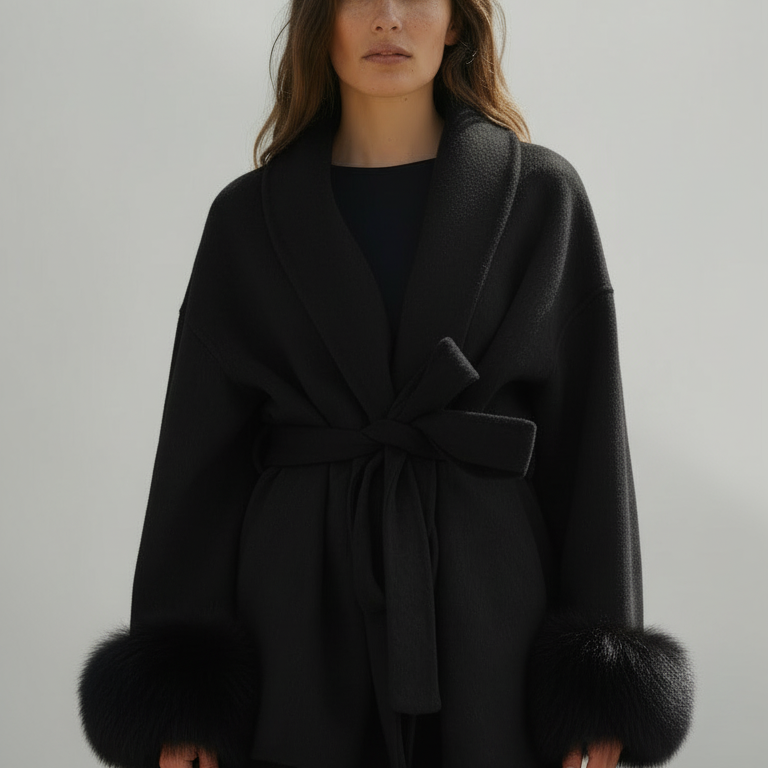 Boglárka™ - Szőrmés ujjú öves kabát