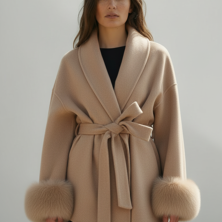 Boglárka™ - Szőrmés ujjú öves kabát