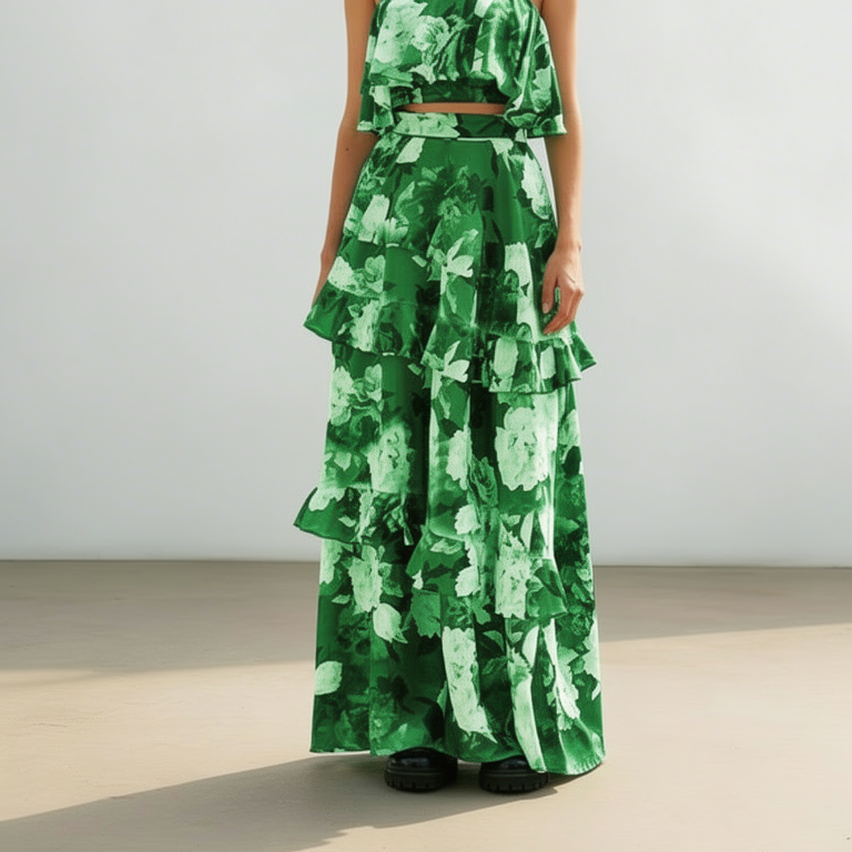 Jázmin™ - Virágmintás crop top és maxi szoknya szett