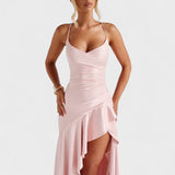 Szilvia™ – Szatén drapírozott gála ruha hasítékkal